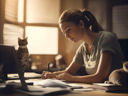 AI generated photo of a girl writing with her cat